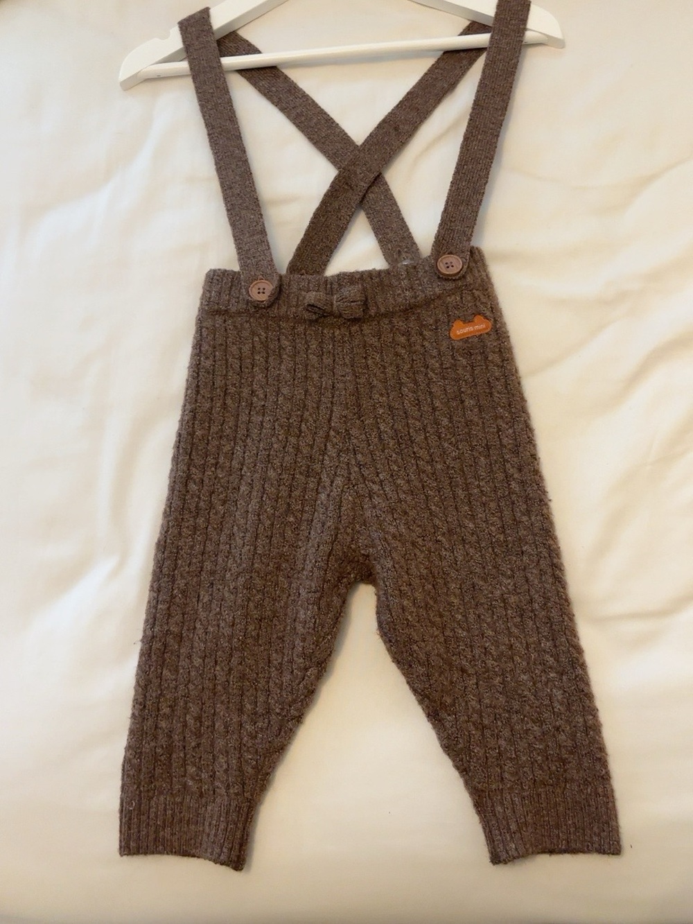Souris Mini Baby Knit Suspender Pants 9–12M Brown Ribbed Bow